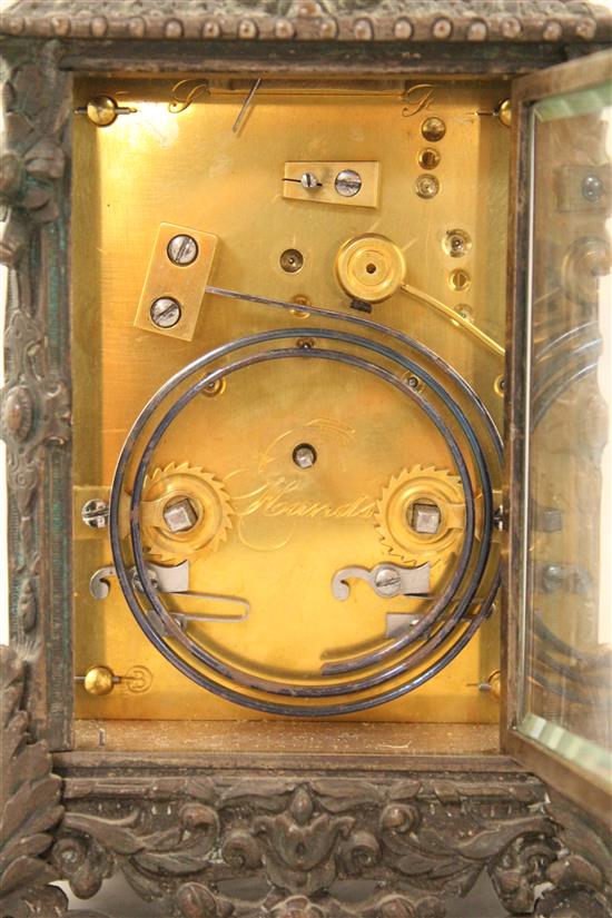 A late 19th century bronze carriage clock, 6in.